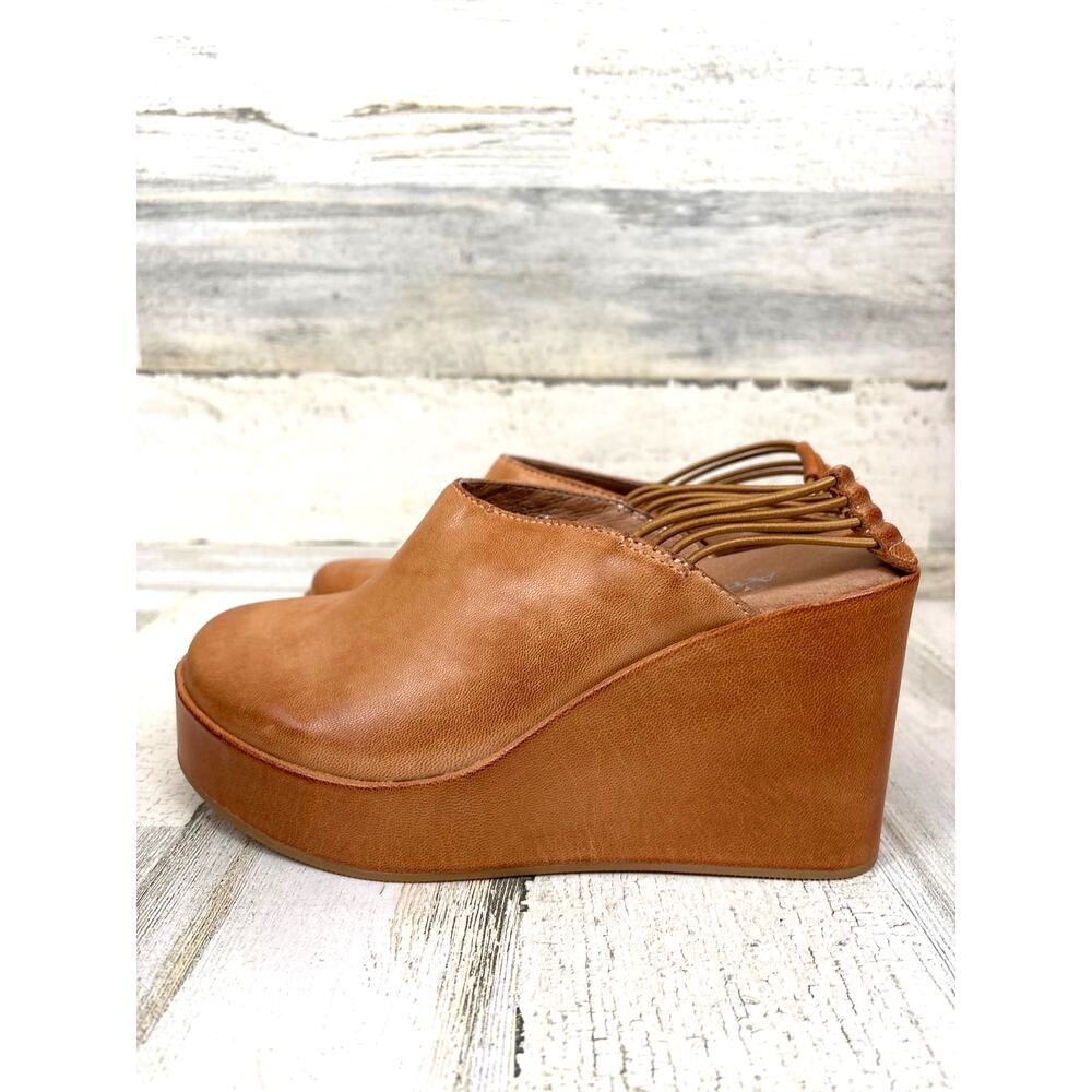 Antelope Womens 37 Brooks Camel Leather Platform Wedge Mules Boho Slip On NEW